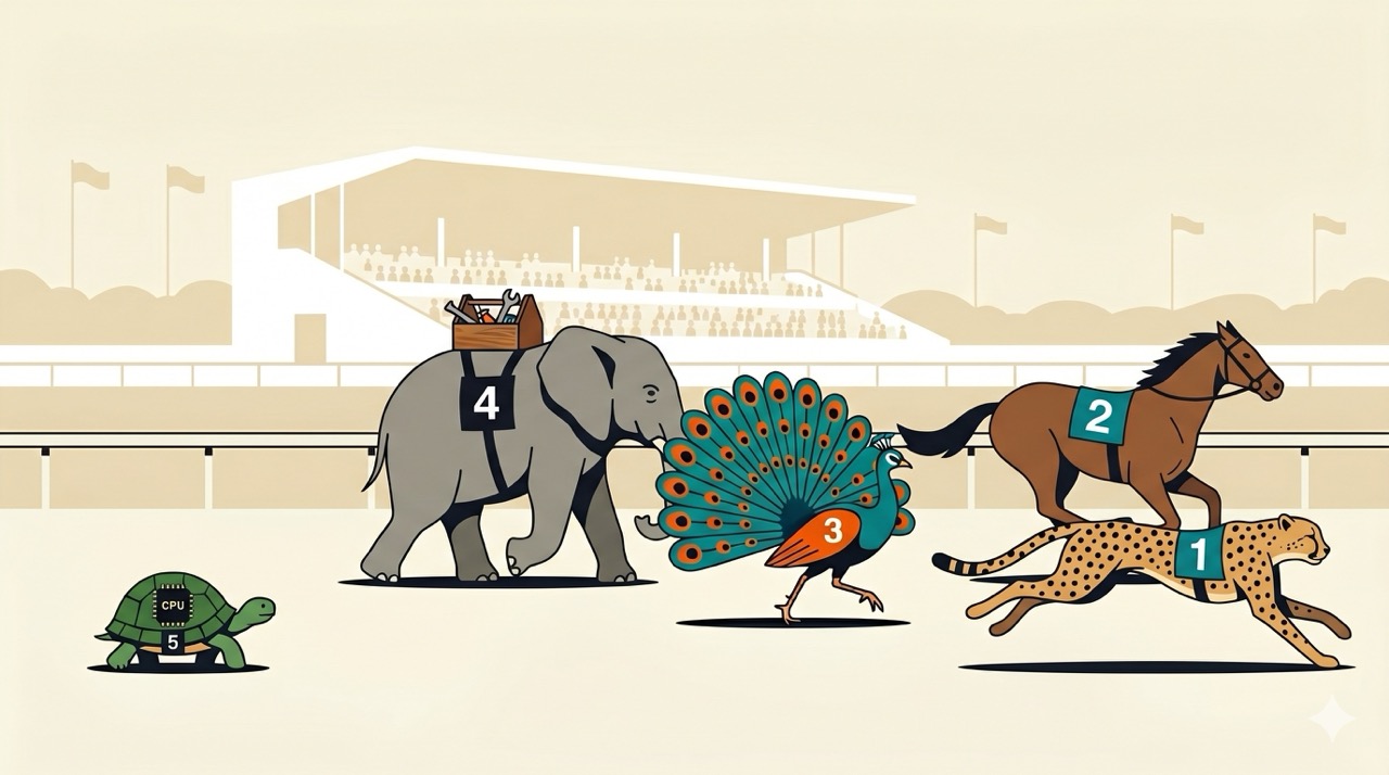 Five animals racing on a hippodrome track — cheetah, horse, peacock, elephant, and tortoise — representing the speed, reliability, elegance, complexity, and simplicity of nine AI approaches benchmarked on a live Kafka stream