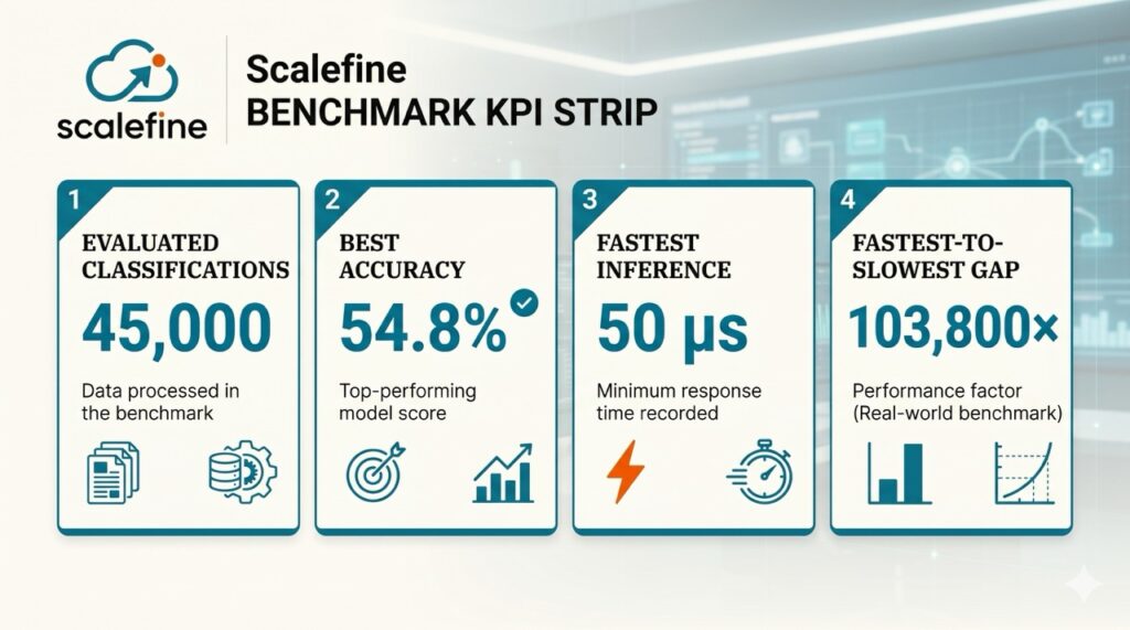 KPI strip: 45,000 classifications evaluated · 54.8% best accuracy · 50µs fastest inference · 103,800× fastest-to-slowest performance gap across 9 AI paradigms